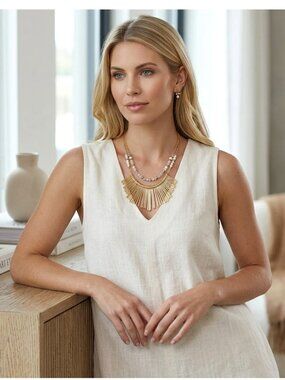 NECKLACE - 2 layered in gold, white and cream beading